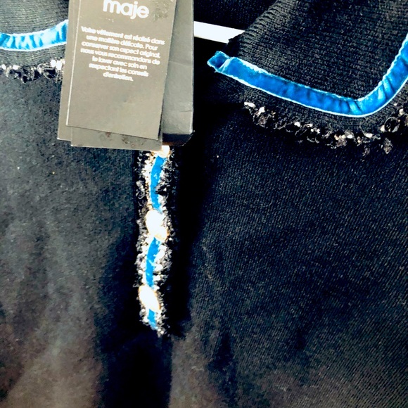 NWT MAJE Black Short Sleeve Sweater Top w/ Blue Frills  NWT $265  Size 1 or M - Picture 3 of 6